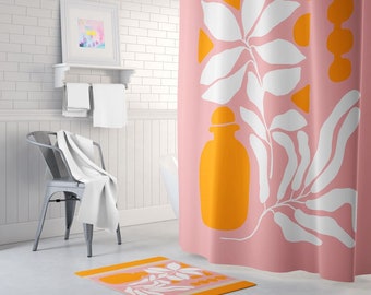 Orange and Pink Shower Curtain - Modern Shower Curtain - Bath Mat - Waterproof Fabric