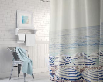 Beach print shower curtain - Blue and White Shower Curtain - Fabric Shower Curtain