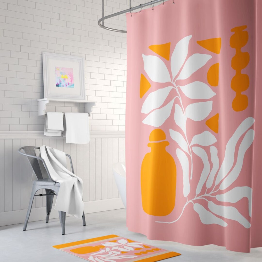 Orange and Pink Shower Curtain Modern Shower Curtain Bath Mat