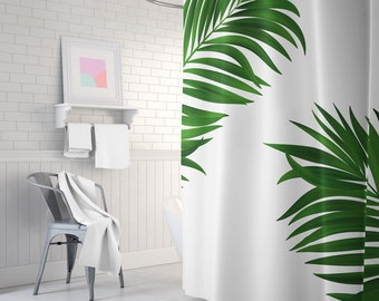 Green palm print shower curtain, Green Palm Print Bath Mat, Palm Bathroom Decor