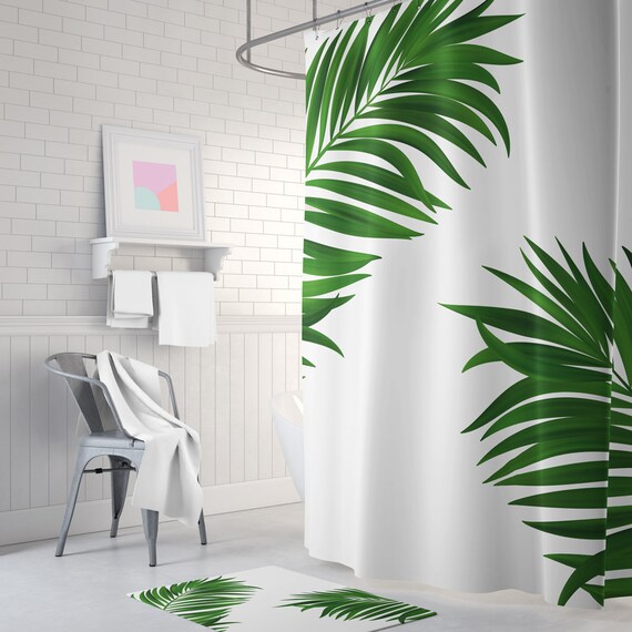 Green palm print shower curtain Etsy