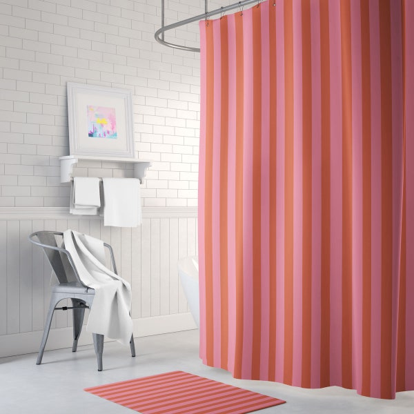 Striped Pink and Burnt Orange Shower Curtain - Modern Shower Curtain - Bath Mat - Waterproof Fabric