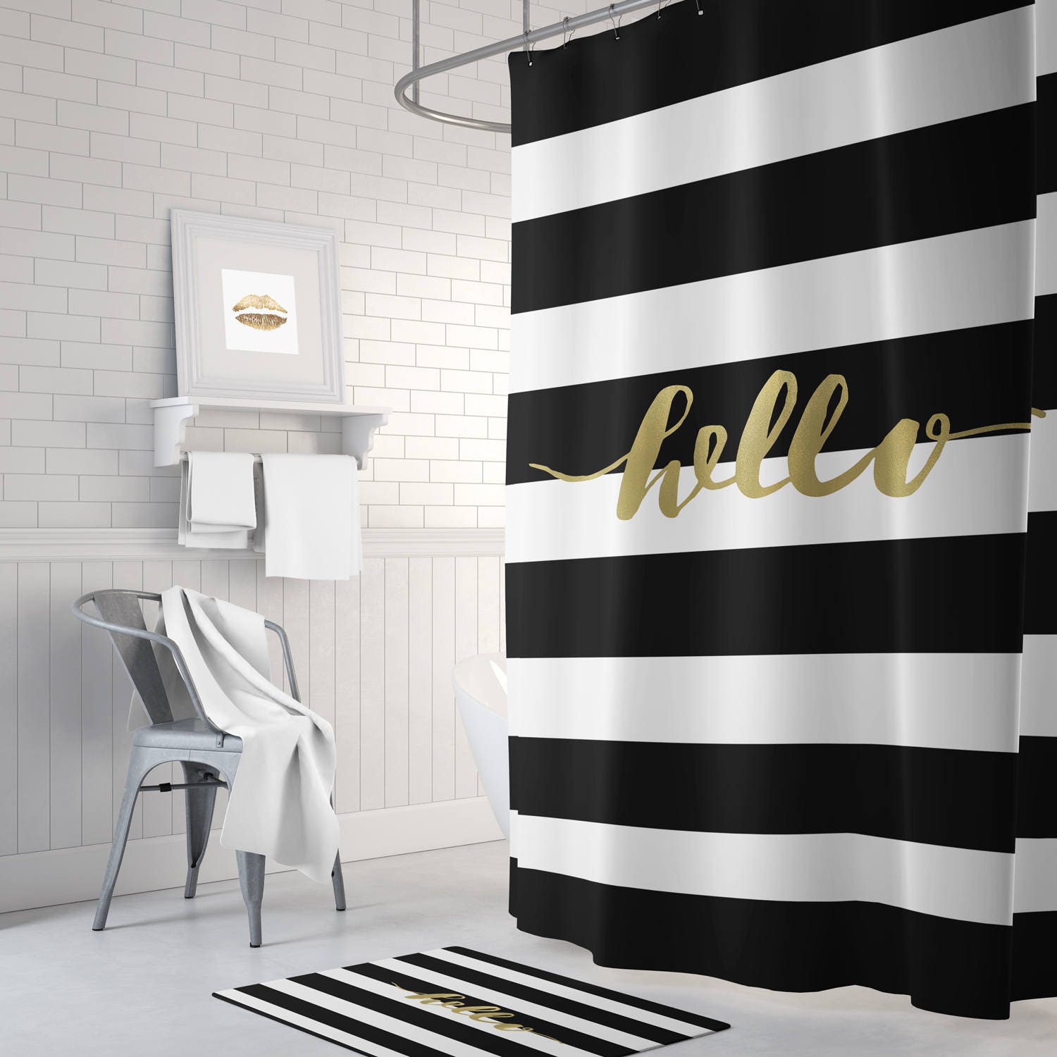 Black And Gold Shower Curtain Striped, Black White And Gold Shower Curtain