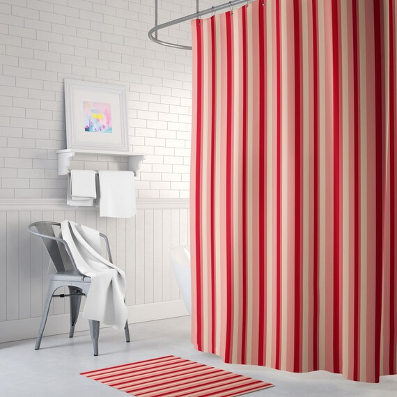 Striped Red and Cream Shower Curtain Modern Shower Curtain Bath Mat Waterproof Fabric Etsy Ireland