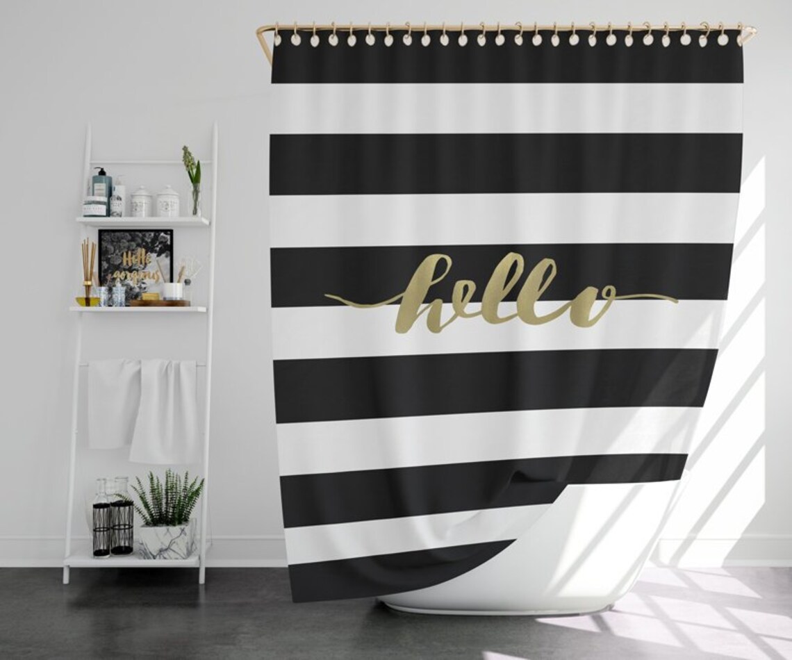 Black and Gold Shower Curtain Striped Shower Curtain Etsy