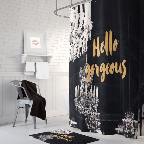 Gold Shower Curtain Black and White Decor Floral Shower Etsy UK