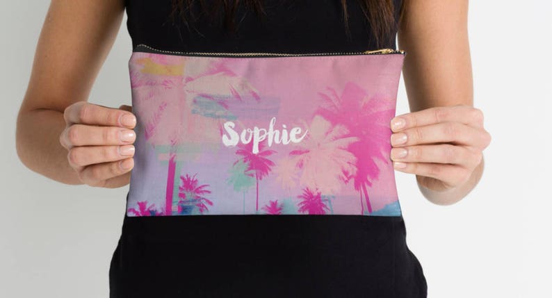 monogrammed clutch pink bag Customised clutch pouch pencil case gift for her makeup bag Palm tree bag