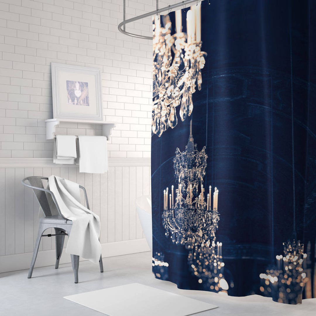 Chandelier Shower Curtain, Gold Shower Curtain, Navy and Gold Decor