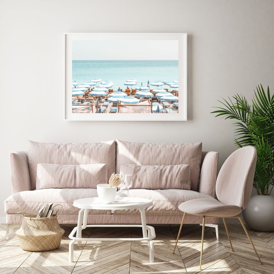 Beach Wall Art, Aerial Beach Print, Beach Umbrella Art Print, Blue Wall