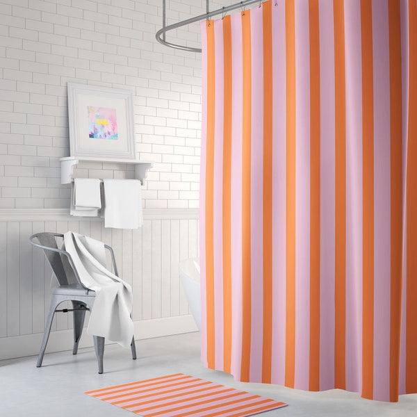 Striped Pink and Orange Shower Curtain - Modern Shower Curtain - Bath Mat - Waterproof Fabric