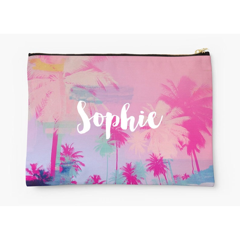 monogrammed clutch pink bag Customised clutch pouch pencil case gift for her makeup bag Palm tree bag