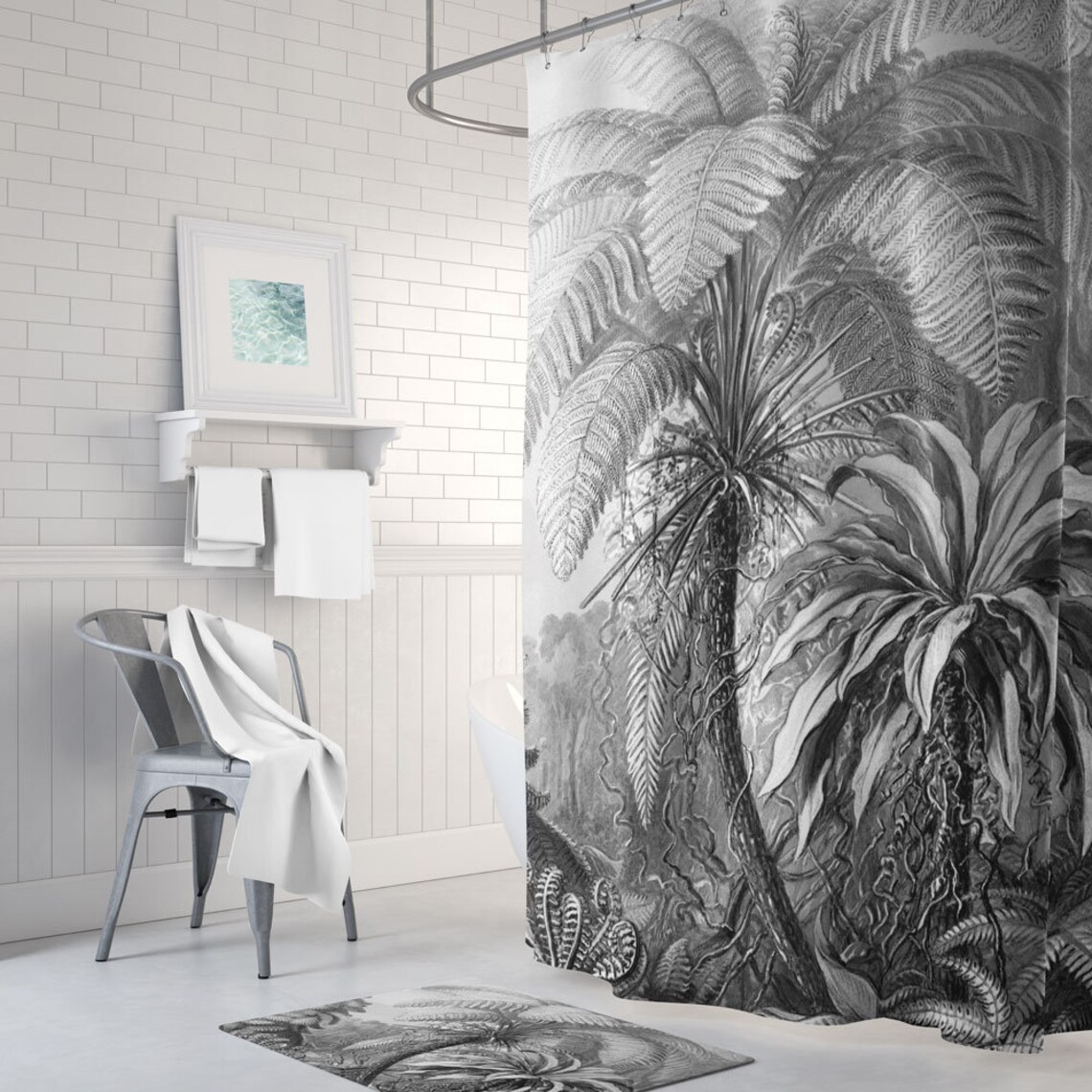 Patterned Jungle Shower Curtain Jungle Bath Mat Botanical Etsy