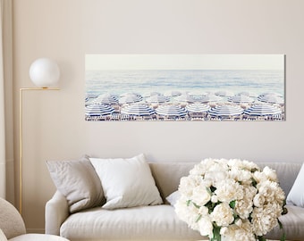 Beach photography canvas, beach umbrella print, wall decor, extra large wall print, seaside canvas, blue decor, French Riviera