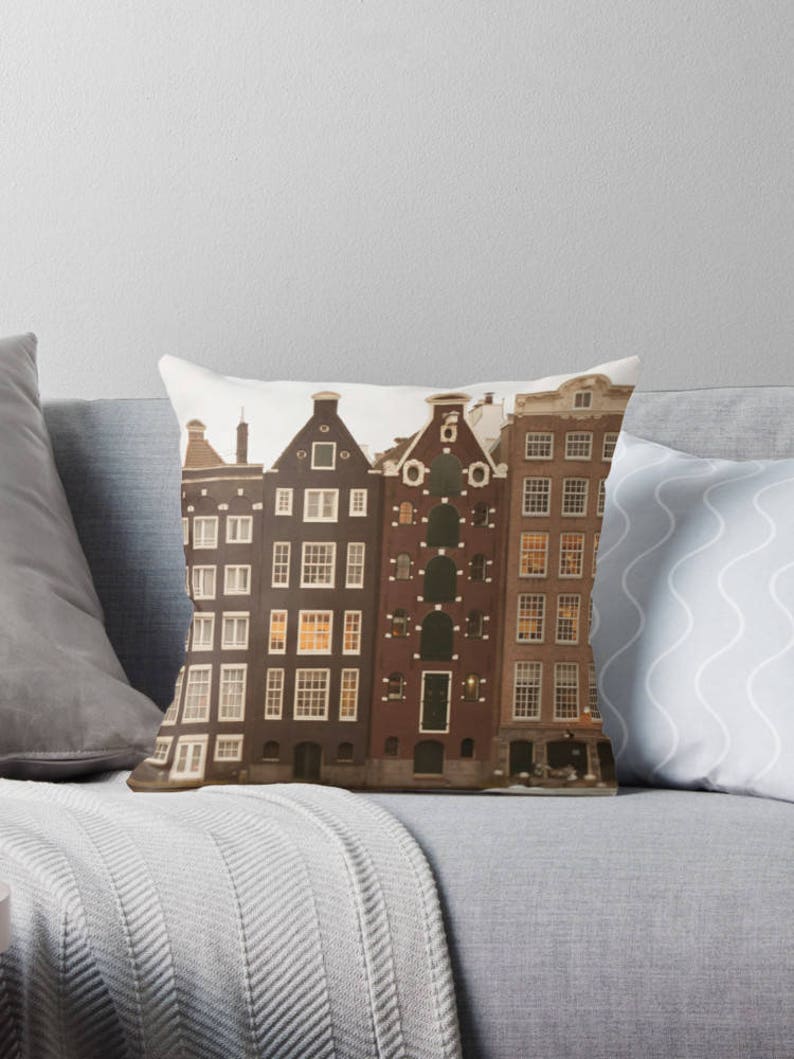 Amsterdam Houses throw pillow brown decor, travel image 1