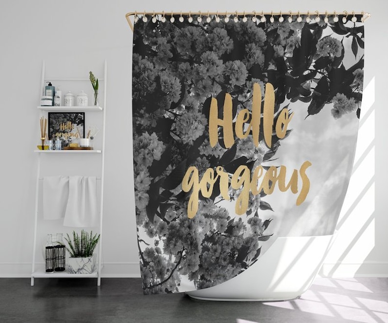 Gold Shower Curtain Black and White Decor Floral Shower Curtain image 5