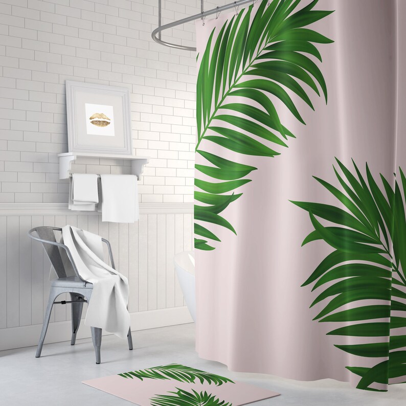 Green palm print shower curtain pink shower curtain long Etsy