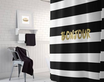Gold shower curtain - Bonjour striped shower curtain - Black and white bathroom decor