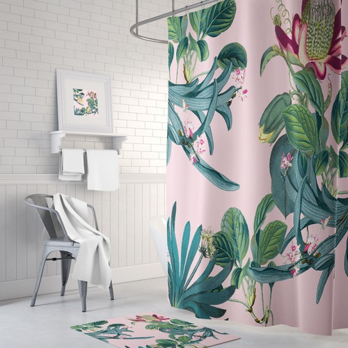 Jungle Shower Curtain Botanical Bath Mat Tropical Decor Etsy
