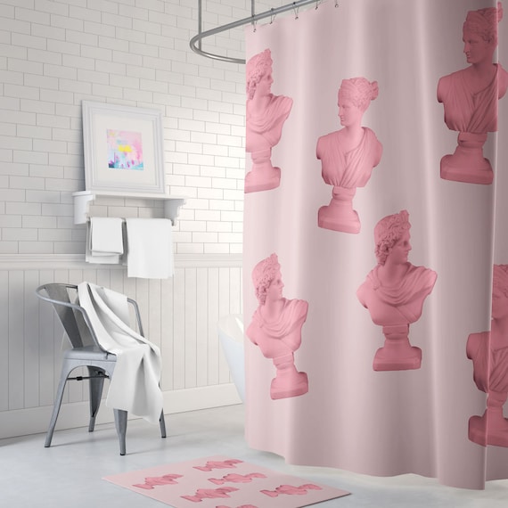 Aesthetic Statue Head Pink Shower Curtain, Statue Bust Decor, Pink