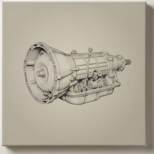 May include: A detailed line art illustration of an automotive transmission on a solid light gray background. The drawing features the bell housing, internal gear assembly, and a vertical dipstick tube rendered in precise black ink strokes.