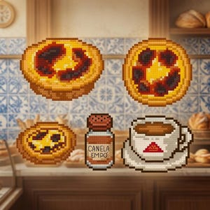 May include: A pixel art collection featuring three golden-brown custard tarts, a small glass shaker labeled CANELA EM PÓ, and a white ceramic cup of coffee on a saucer. The items are rendered in a blocky, digital style with warm, earthy tones.