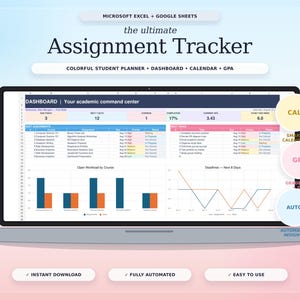 Puede incluir: Un rastreador de tareas digital para Microsoft Excel y Google Sheets mostrado en una pantalla de portátil. El panel presenta datos académicos, incluyendo listas de tareas, gráficos de barras, líneas y métricas de estado para estudiantes.