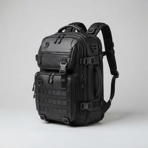 Könnte beinhalten: Ein schwarzer taktischer Rucksack mit mehreren Reißverschlussfächern, verstellbaren seitlichen Kompressionsriemen mit Schnellverschlüssen, einem Tragegriff, gepolsterten Schultergurten und einer Frontplatte mit integrierten Schlaufen.