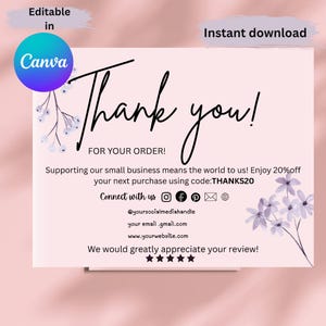 Editable Thank You Card Template | Small Business Packaging Insert | Floral Canva Digital Download