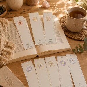 Puede incluir: Una colección de ocho marcapáginas rectangulares de papel con un agujero en la parte superior y un icono de sol impreso en el centro. Cada marcapáginas muestra un gráfico estacional o celestial único con etiquetas de texto en español en la base.