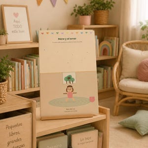 Puede incluir: Un libro infantil rectangular titulado Nora y el error con una portada en color crema y beige. La portada presenta una ilustración central de una persona sobre una alfombra circular verde, un pequeño árbol y el texto Raíz de Luz.