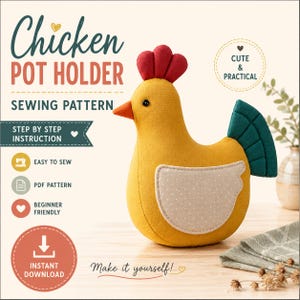 Chicken Pot Holder Pattern PDF | Chicken Oven Mitt Sewing Pattern | Quilted Farmhouse Kitchen Hot Pad | Instant Download