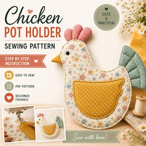 Chicken Pot Holder Sewing Pattern | Quilted Farmhouse Kitchen Hot Pad (PDF Download)