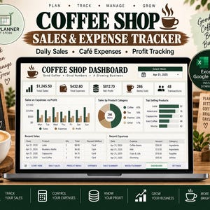 May include: A digital coffee shop sales and expense tracker dashboard displayed on a laptop screen. The interface features charts, tables for daily sales and expenses, and profit tracking metrics. It is compatible with Excel and Google Sheets.