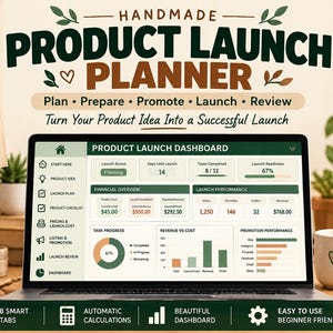 May include: A digital product launch planner displayed on a laptop screen, featuring a dashboard with financial overview, task progress charts, and launch performance metrics. The interface includes tabs for planning, preparation, promotion, and review.