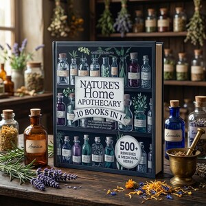 May include: A hardcover book titled Nature's Home Apothecary 10 Books In 1 by Shirley Capiuto, featuring an illustration of glass apothecary bottles on shelves. The cover includes the text 500+ Remedies & Medicinal Herbs and 100 Forgotten Remedies.