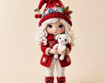 May include: A crocheted doll with long white wavy hair wearing a red hat adorned with blue and pink flowers and dangling cherries. The doll wears a red jacket with floral embroidery over white pants and red boots, while holding a small white plush dog.