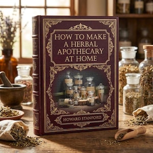 Op de afbeelding: Een hardcover boek getiteld How to Make a Herbal Apothecary at Home door Howard Stanford. De kaft is donkerrood met gouden filigraanranden en een centrale afbeelding van diverse glazen apothekerspotten met gedroogde kruiden.