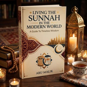 Op de afbeelding: Een hardcover boek getiteld Living the Sunnah in the Modern World: A Guide To Timeless Wisdom door Abu Malik. De crèmekleurige kaft bevat donkerblauwe tekst, een gouden silhouet van een stad, een halve maan en een icoon van een digitaal apparaat.