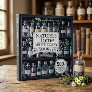 May include: A hardcover book titled Nature's Home Apothecary 10 Books in 1 by Shirley Capiuto, featuring illustrations of glass apothecary bottles on shelves. The cover text includes 100 Forgotten Remedies and 500+ Remedies & Medicinal Herbs.
