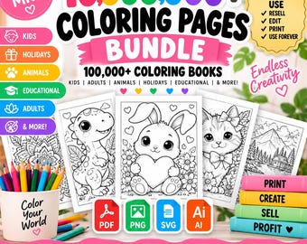 May include: A digital bundle of 10,000,000+ coloring pages and 100,000+ coloring books featuring diverse themes like animals, holidays, and educational content. Includes PDF, PNG, SVG, and AI file formats for commercial use, printing, and editing.