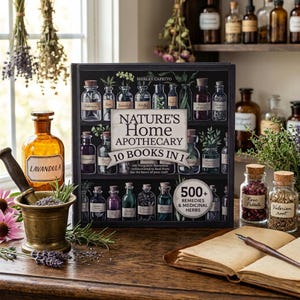 May include: A square book titled Nature's Home Apothecary 10 Books In 1 with a black cover featuring illustrations of glass apothecary bottles. The book sits on a wooden surface next to a brass mortar and pestle, an open journal, and glass jars.