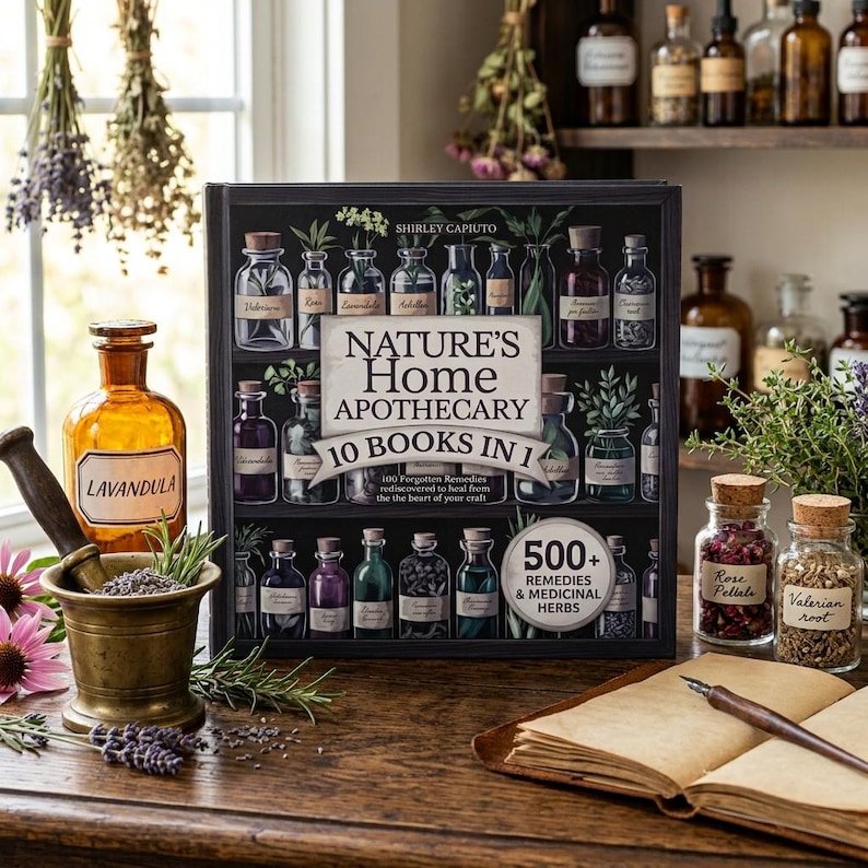 May include: A square book titled Nature's Home Apothecary 10 Books In 1 with a black cover featuring illustrations of glass apothecary bottles. The book sits on a wooden surface next to a brass mortar and pestle, an open journal, and glass jars.