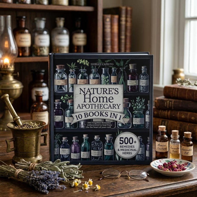 May include: A hardcover book titled Nature's Home Apothecary 10 Books in 1, featuring a black cover with illustrations of glass apothecary bottles filled with herbs. The book includes text about 500+ remedies and medicinal herbs.