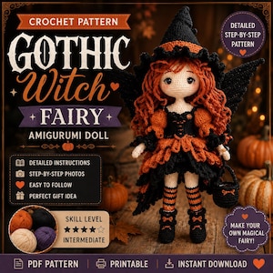 Gotisk häxa och älva med amigurumi-virkmönster (PDF-nedladdning)