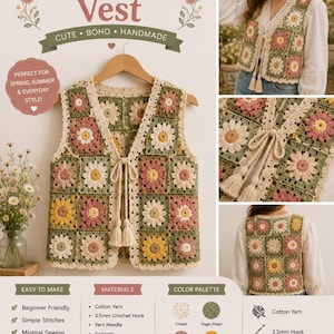 Può includere: Un gilet senza maniche all'uncinetto composto da motivi quadrati con disegni di margherite nei colori crema, verde salvia, rosa antico e giallo senape. Il gilet presenta uno scollo a V, una chiusura frontale a lacci con due nappe e un bordo.