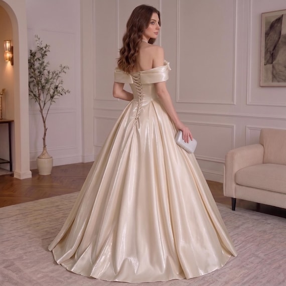 elegant champagne evening dresses Off-the-shoulder Prom Dress,luxurious Cream Satin Shimmer Ball Gown With Rose Detail,formal Wedding Guest Dress Prom Color:Lotus pmaxshortsleevesale Jovani 39749 Short Metallic creating an elegant hourglass