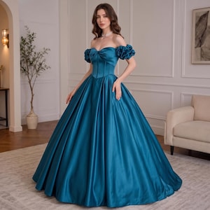 peacock blue prom dress Color Dresses Off The Shoulder Floor Length Stretch Satin Prom With Pockets Sleeveless Back Peacock Blue Prom Dresses Stretch