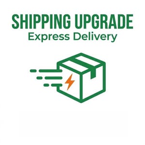 Puede incluir: Un gráfico con el texto SHIPPING UPGRADE y Express Delivery en fuente verde. Debajo del texto hay un icono de cubo verde que representa un paquete con líneas de movimiento y un símbolo de rayo naranja en la cara frontal.