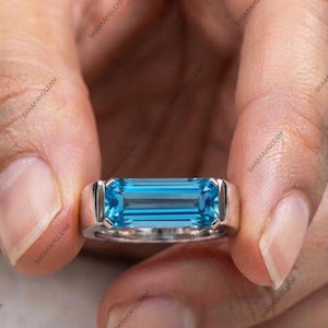 Blue Topaz Unisex Ring 925 Sterling Silver, Emerald Cut Blue Topaz Ring, Minimalist Signet Ring, Modern Statement Ring, Men's Ring, Women's