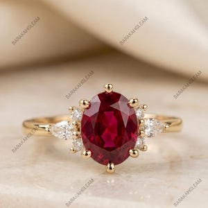 Oval Red Ruby Engagement Ring Gold Plated 925 Sterling Silver July Birthstone Gift Vintage Cluster Promise Ring Red Gemstone Bridal Jewelry